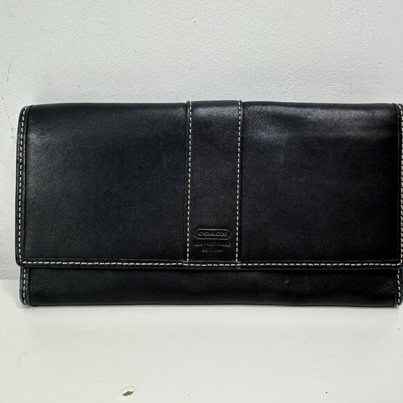 Coach Wallet Hamilton Signature Black Leather Continental Trifold Checkbook - Picture 3 of 11